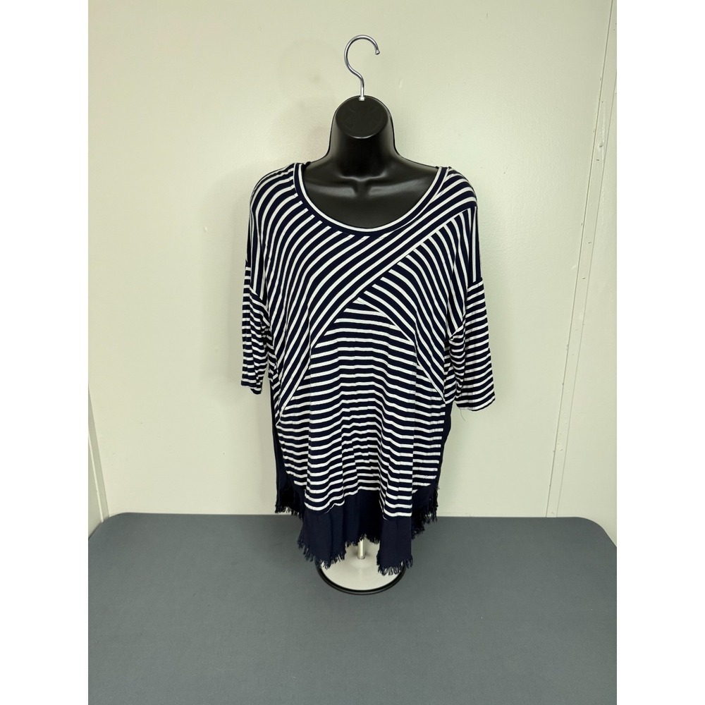 Umgee Blouse Shirt Top Women Small 3/4 Sleeve Pullover White Blue Stripe - Picture 2 of 5